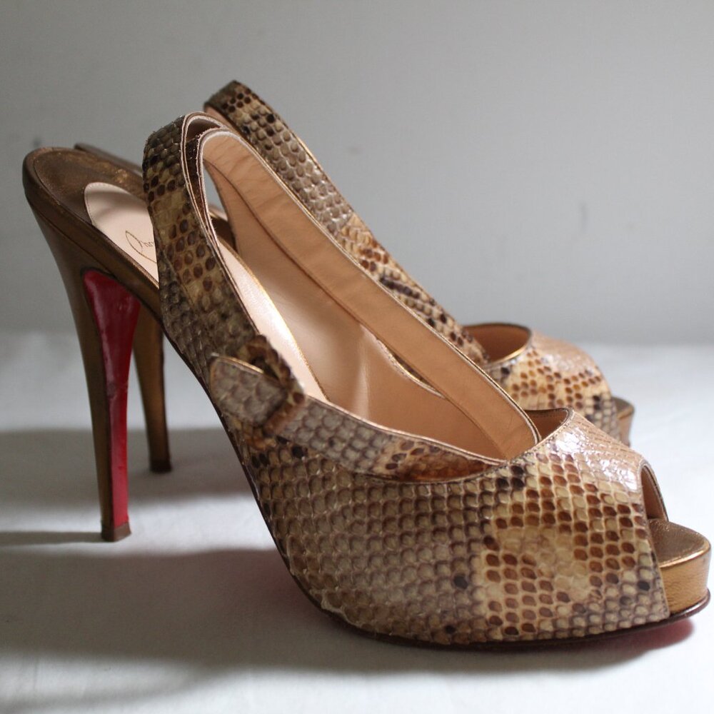 Christian Louboutin Python Ankle Wrap Peep Toe Hidden Platform Pumps Heels 40